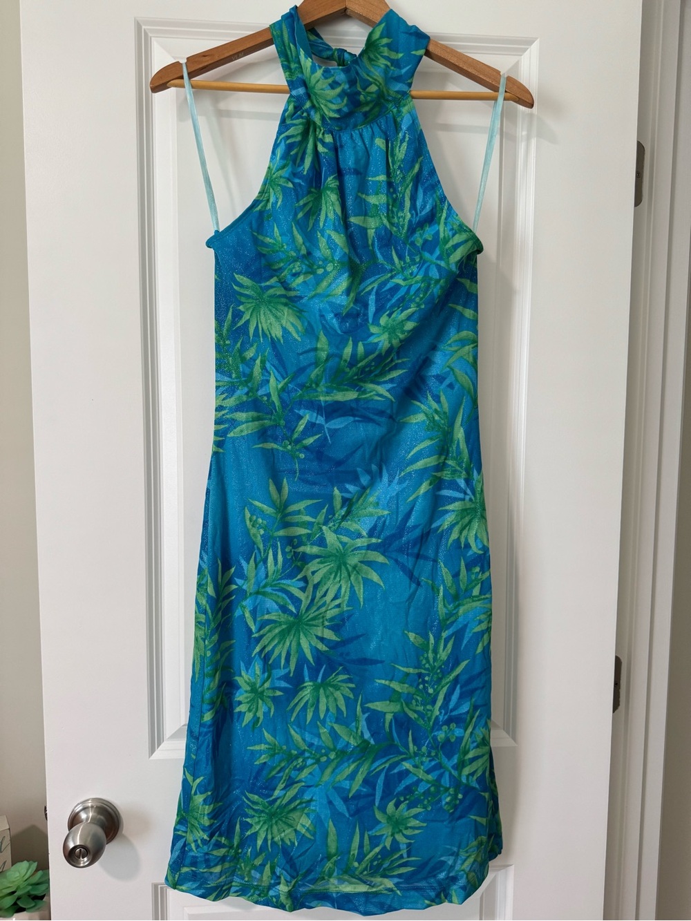 Guess Blue and Green Tropical Halter Maxi Dress